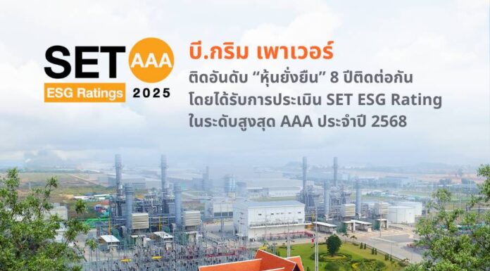 บี.กริม เพาเวอร์ คว้าเรตติ้งระดับ AAA ด้วยคะแนนสูงสุดในกลุ่มอุตสาหกรรม ครองหุ้นยั่งยืน 8 ปีซ้อน