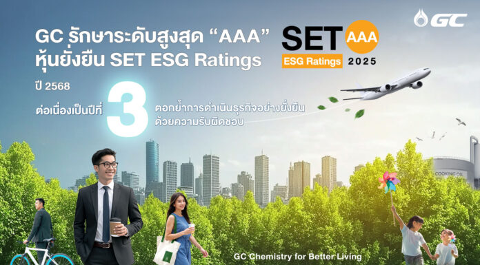 GC รักษาระดับสูงสุด “AAA” หุ้นยั่งยืน SET ESG Ratings ต่อเนื่องเป็นปีที่ 3 ตอกย้ำบทบาทผู้นำองค์กรรับผิดชอบต่อสังคม เศรษฐกิจ สิ่งแวดล้อม และธรรมาภิบาล